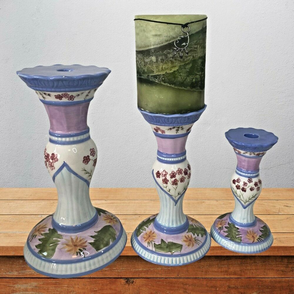 Capriware 3-Piece Pillar Candleholder Set Blue Purple Floral Hand Painted VTG